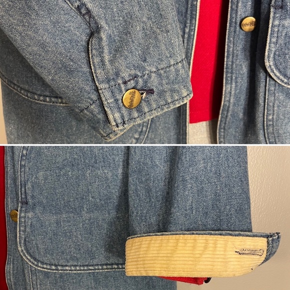 Vintage L.L. Bean Red Wool Blend Lined Corduroy Trim Heavy Denim Barn Coat Sz M - Picture 12 of 16